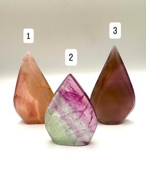 Set of 3 Crystal Teardrop Carvings-Pink agate, Rainbow Fluorite & Botswana Agate